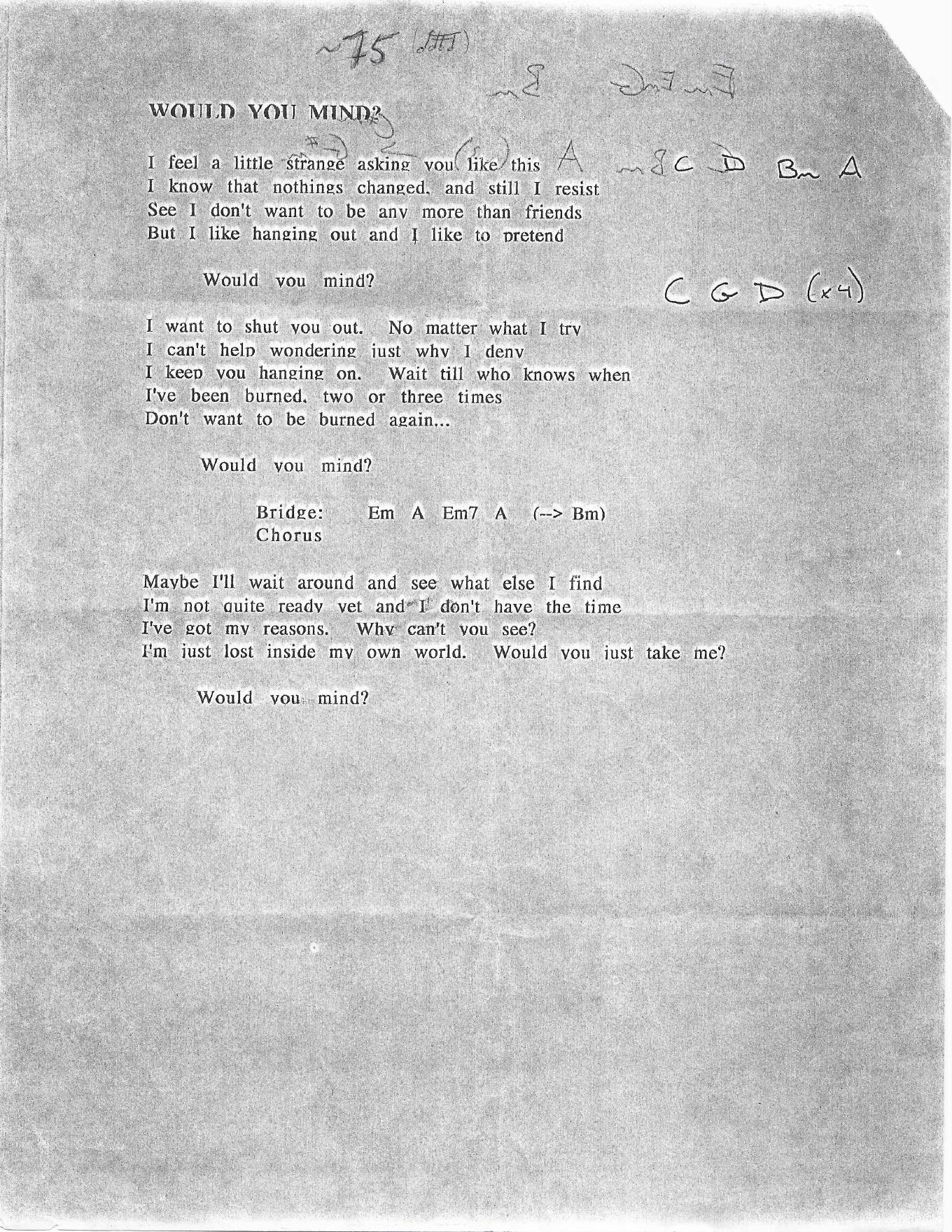 Would You Mind (alternate lyric sheet) - Uncle Shinbone archive media